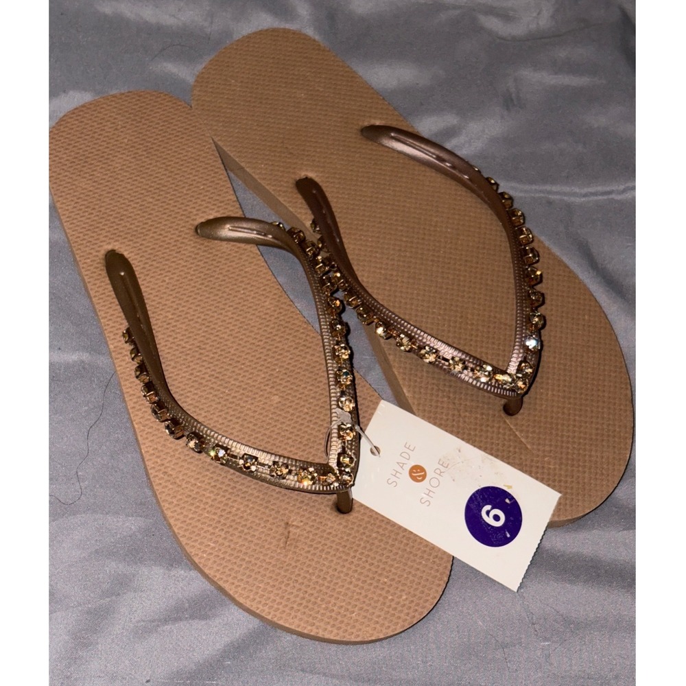 NEW Shade & Shore Women's Brown Rhinestone Studded Bling Flip Flop Sandals, 6